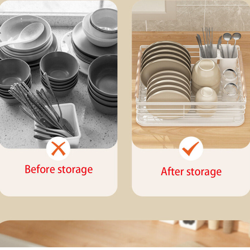 Black Large Dish Drainer Rack With Drip Tray Cutlery Holder Plate Kitchen SinK