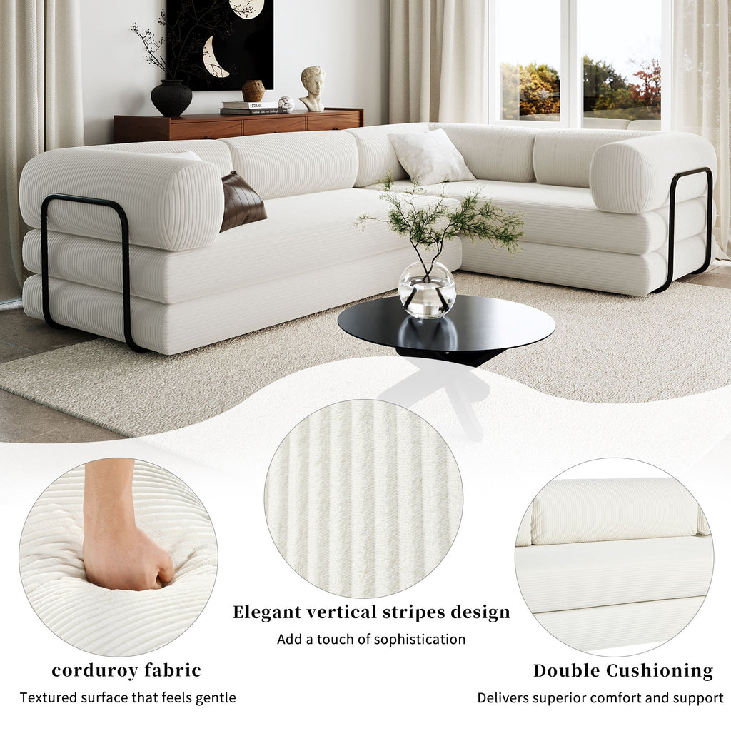 L-Shaped Modular Sofa Bed in Corduroy Fabric, Ideal for Living Rooms