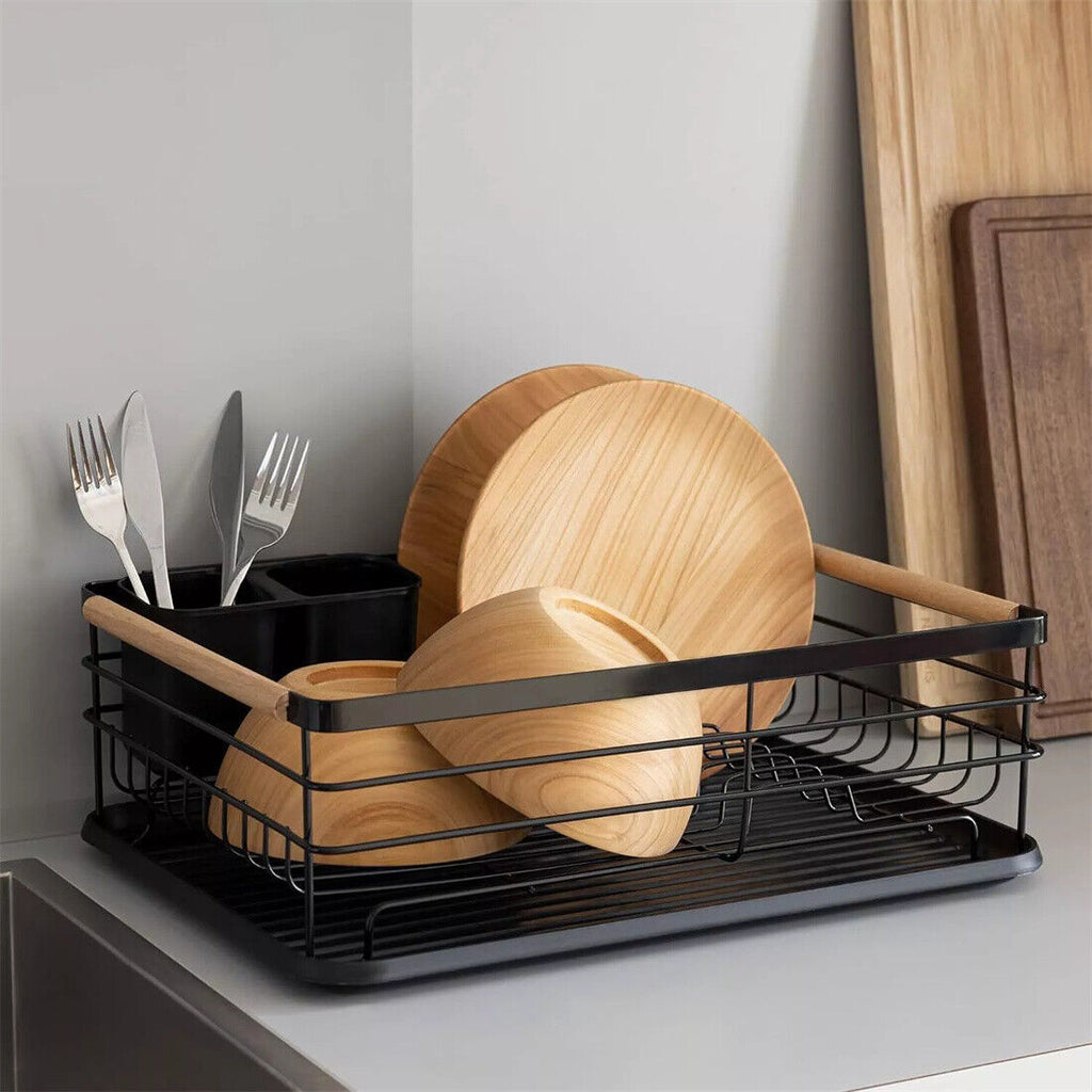 Black Large Dish Drainer Rack With Drip Tray Cutlery Holder Plate Kitchen SinK