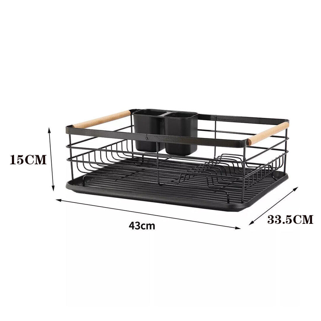Black Large Dish Drainer Rack With Drip Tray Cutlery Holder Plate Kitchen SinK