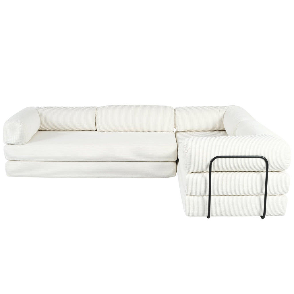 L-Shaped Modular Sofa Bed in Corduroy Fabric, Ideal for Living Rooms