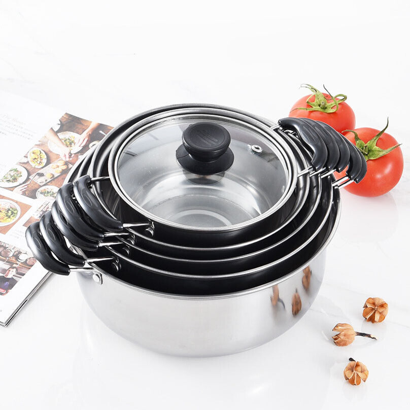 5PCS Stainless Steel Saucepan Induction Cooking Pot Cooker Cookware Kitchen